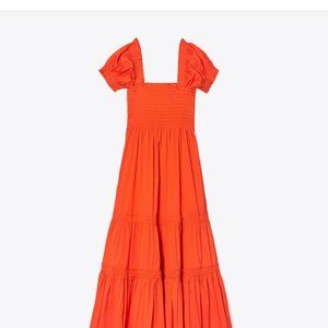 Tory Burch Smocked Midi Dress   Size M Poppy Red Orange